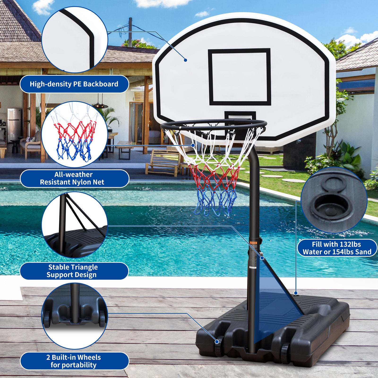 Portable Poolside Basketball Hoop Swimming Pool 3.1ft to 4.7ft Height-Adjustable Basketball System Goal Stand for Kids Doba